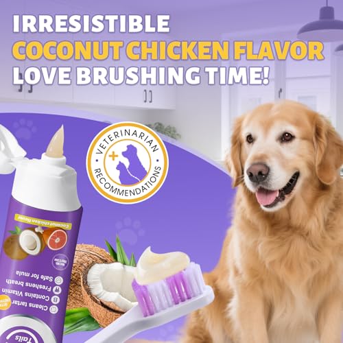 Natural Coconut Oil Dog & Cat Toothpaste for Fresh Breath 3.52oz Premium Dog Oral Care Kit 2.46oz