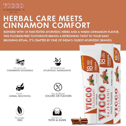 Vicco Vajradanti Cinnamon Ayurvedic Herbal Toothpaste - 70 Year Legacy of Ayurveda, with 18 Ayurvedic Herbs & Barks, Fluoride-Free - 7 oz (3 Pack) 7 Ounce (Pack of 3)