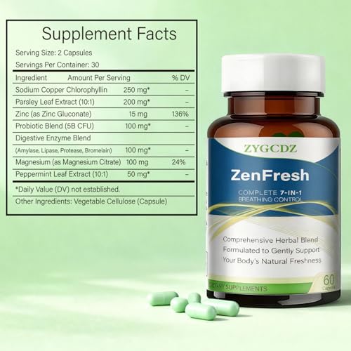 7-in-1 Bad Breath Capsules with Chlorophyllin & Probiotics, Mint Extract for Long Lasting Breath Freshness, Oral Care Supplement for Digestive Support, 14-Day Solution (01) 01
