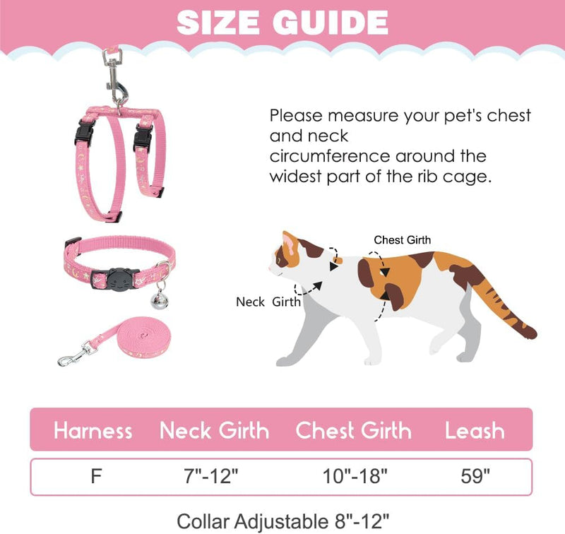PAWCHIE Cat Harness with Leash and Collar Set - Escape Proof Adjustable H-shped Cat Harness with Star and Moon Pattern Glow in The Dark for Kitty Outdoor Walking Pink - BeesActive Australia