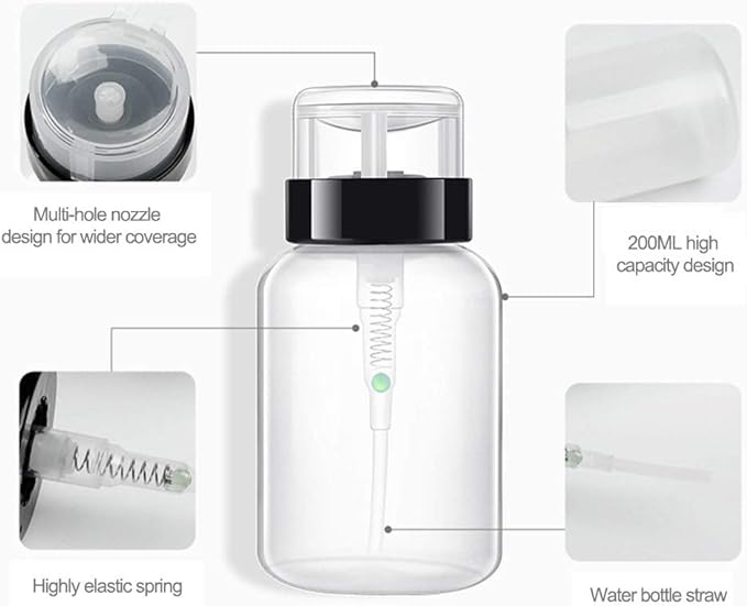 Ruier-tong Pump Dispenser Nail Pump Bottle 200ml Nail Cleaner Bottle Lotion Bottle Travel Lockable Empty Bottle Empty Container Gel Cleaner Gel Remover Nail Care Cosmetic Refill Container (1 Piece, White) - BeesActive Australia