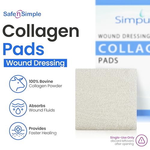 Collagen Dressing Pads - 2" x 2" 5 Count Collagen Pads for Wounds - Non-Adherent Collagen Dressing for Wound Care - Safe n' Simple Wound Care Supplies 2" x 2" - 5 Pads