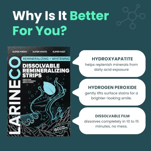 Larineco Dissolvable Whitening Strips - Dissolves Without Removal, Hydrogen Peroxide & Hydroxyapatite Remineralizing Support, Stay Put & Dissolve Cleanly, Smooth Mouthfeel, 60 Count, Mild Sweet, White