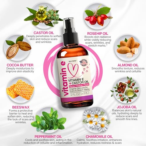 Organic Vitamin E Oil for Scars, Stretch Marks Removal, Wrinkles & Cellulite - Scar Away Treatment Bio Oil with Castor, Rosehip, Jojoba, Almond - Hydrating & Moisturizing Skincare - Face & Body Oil