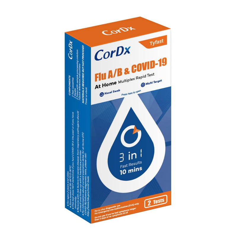 CorDx TyFast at Home Flu A/B & COVID-19 Multiplex Rapid Test Kit, Easy, Accurate, Fast Results in 10 Minutes, 3 in 1 Combo Kit, 2 Tests
