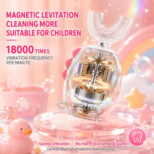 Kids U-Shaped Electric Toothbrush for Toddlers Ages 2-15 Girls, Sonic 360° Rechargeable Toothbrush Kids, 6 Brush Heads 6 Modes, IPX7 Waterproof Automatic 59S Timer - Pink