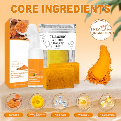 Turmeric Wash and Care 4 Piece Set,Turmeric Skincare Set: Turmeric Facial Cleanser,Cleansing Pad,Soap bar & Essential Oil, Deep Cleansing for Face & Body 5 Ounce (Pack of 1) orange