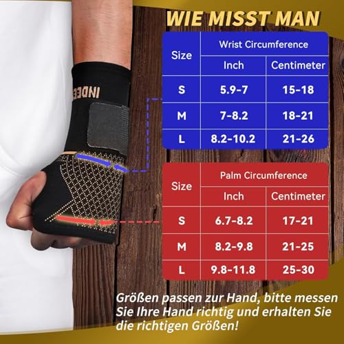 INDEEMAX Copper Wrist Compression Sleeve 1 Pair, Comfortable Hand Brace Support with Strap for Arthritis, Tendonitis, Sprains, Workout, Carpal Tunnel - Left & Right - Women and Men L Black New