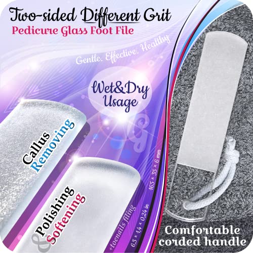 GLADZY Genuine Czech Glass Nail File Set - Callus Remover Foot Rasp, Cuticle Pusher Manicure Stick, Double Sided Etched Different Grit Surface, Professional Nail Care Tool, Made in EU All-in-one Set - Aqua Magenta