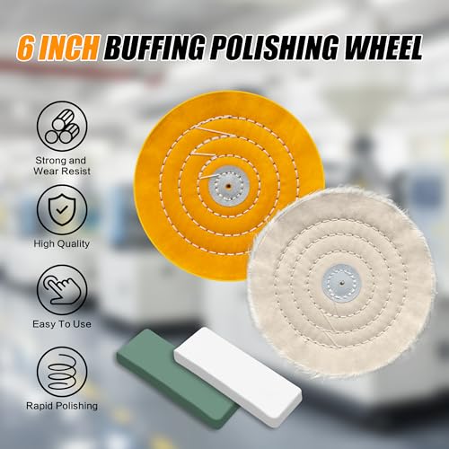 6 Inch Buffing Wheel for Bench Grinder, Polishing Wheel Kit with Polishing Compounds, Cotton Buffing Pads for Jewelry, Metal, Aluminum, Wood, Jade, Stainless Steel, Glass, Plastic Polish 0.157" Arbor Hole