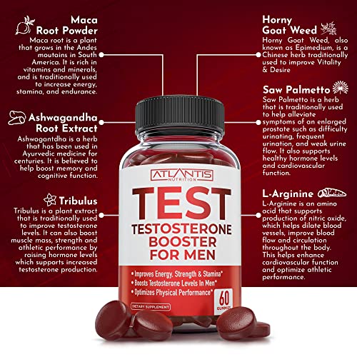 Atlantis Nutrition Testosterone Booster Gummies for Men - Enhances Strength & Stamina - Optimizes Performance & Male Enhancement - Tribulus, Goat Weed Extract, Maca Root Extract | 60 Gummies 60 Count (Pack of 1)