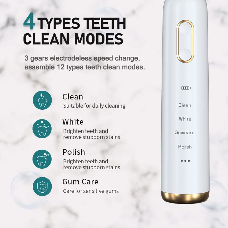 Sonic Toothbrush，Electric Toothbrush Set with 6 Brush Heads and A Travel Case，It Includes UV-C Cleaning and Air-Drying Functions，41000 VPM 4 Modes and 3 Intensities，One Charge for 90 Days (White).