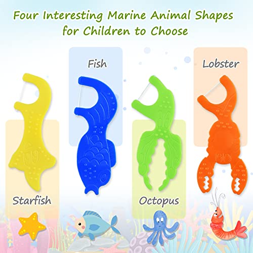 Kids Flossers, Unflavored, 4 Colors Ocean Animals Shaped (Pack of 3), and Small Woven Basket with Gift Bag and Ribbons