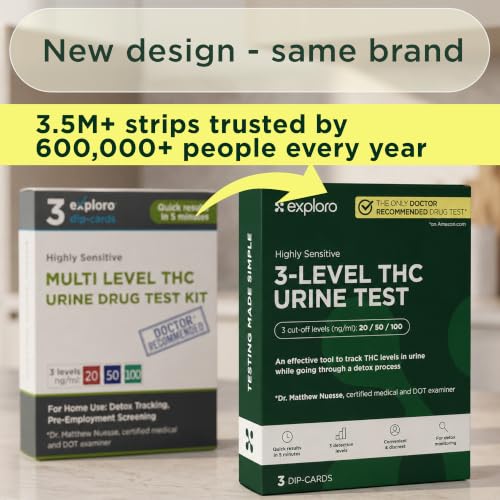 Exploro THC Drug Tests at Home - 3-Level 20/50/100 ng/mL Strips, 7 Pack 7 Count (Pack of 1)
