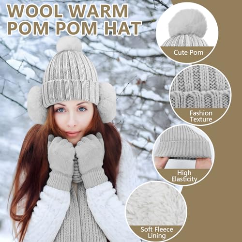 5 Pcs Womens Hat Scarf Gloves Set Winter Beanies Ear Muffs Touch Screen Gloves Knit Fuzzy Fleece Skull Cap Gifts Grey