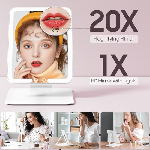 Benbilry Foldable Travel Makeup Mirror with Lights & 20X Magnifying, White