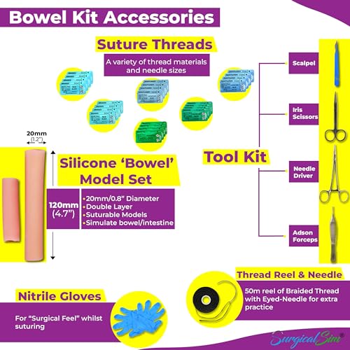 SurgicalSim Bowel Anastomosis Suture Practice Kit, End-to-Side Techniques, Includes 1 x Long and 1 x Short 0.8" Diameter Models, Tool Kit, Threads, Ideal for Practice, Demonstration, for Students