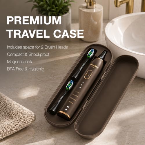 Wagner Stern IntelliBrush Series Whitening Electric Toothbrush with Pressure Sensor. Offers 4 Brushing Modes, 3 intensities, 8 Soft Brush Heads, and a Luxury Travel case. Espresso