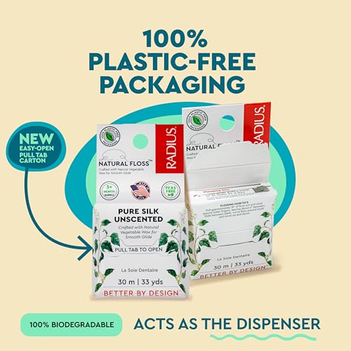 RADIUS Silk Dental Floss, Natural Biodegradable Floss for Sensitive Gums, PFAS Free, Compostable, Unscented, 30m / 33yd, Pack of 6 99 Foot (Pack of 6)