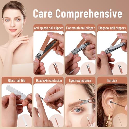 Nail Clippers Set for Men and Women 7 Pieces Stainless Steel Grooming Kits, Fingernail and Toenail Clipper Cutters with Luxurious Travel Case Nail Care Tools Manicure Pedicure Kit, Brown