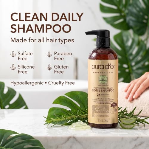 PURA D'OR Clinically Formulated Biotin Shampoo - Daily Hair Care Routine For Thinning Hair - 2X Concentrated 17+ Key Herbal Blend Hair Thickening Products For Women & Men, Botanical Zen Scent 16 Fl Oz 16 Fl Oz (Pack of 1)