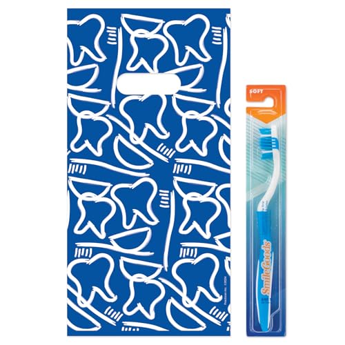 Practicon Dental Drawings 6" x 12" Dental Bag, Dental Hygiene Patient Care Goodie Bag, Dentist Office Plastic Gift Bags, 100 Pack 6" x 12"
