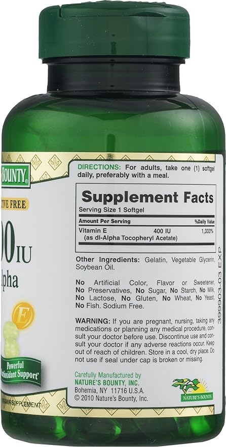 Nature's Bounty E-400 IU Pure dI-Alpha Softgels, 120 Count 1 Count (Pack of 120)