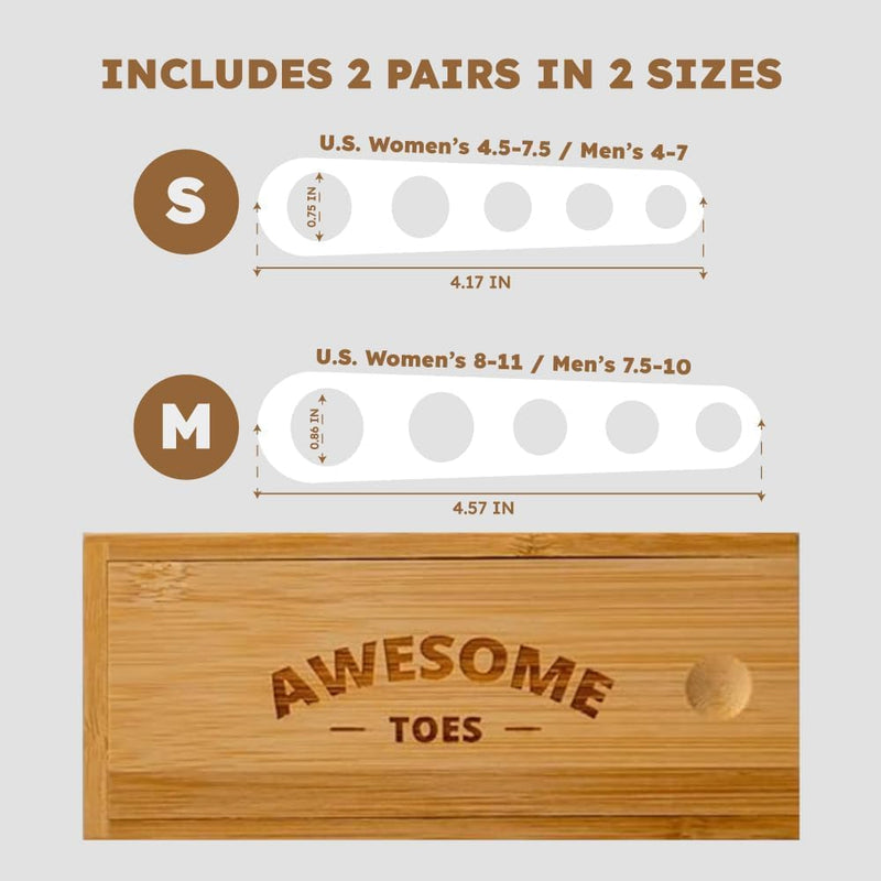 Awesome Toes Spacers & Separators, Fast Pain Relief from Hammertoe & Bunions, Two Pairs in Stylish Wooden Box, Latex-Free Rubber Toe Stretchers Used for Walking, Running & Yoga Practice Small & Medium Kit