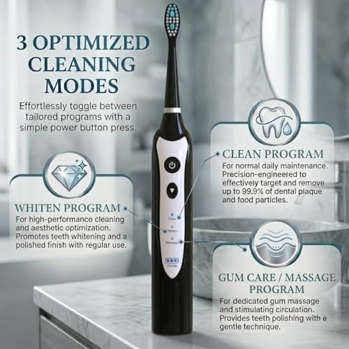 Sonic Electric Toothbrush for Adults - Rechargeable Power Toothbrush with 5 Soft Bristle Heads, Travel Case, 3 Cleaning Modes & Smart Timer, IPX7 Waterproof (Black) Black