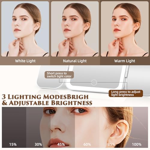 Tri-fold Vanity Mirror with Light,1X/5X/10X/20X/30X Makeup Magnifying Mirror with Lights,Rechargeable Travel Makeup Mirror with Foldable Stand,Dimmable in 3 Colors,Touch Control White