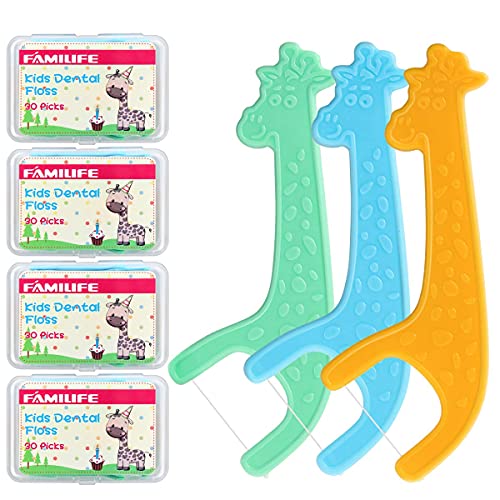 FAMILIFE Kid's Dental Floss Picks Without Fluoride,4 Travel Handy Cases Unflavored Flosser 120 Picks and Back Teeth Toothpicks Flossing Flossers Threaders Sticks with 4 Travel Handy Cases 120 Count