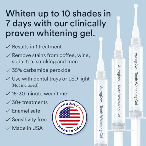 Auraglow Teeth Whitening Kit with LED Light & 35% Carbamide Peroxide Teeth Whitening Gel Refill Pack, 50 Whitening Treatments, Whiten Up to 10 Shades