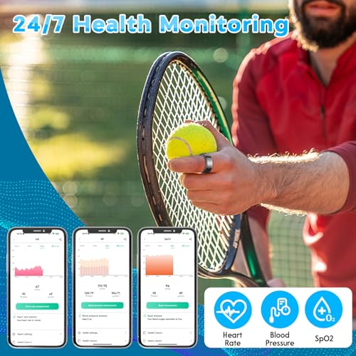 Smart Health Ring,Fitness Rings Tracker with Blood Pressure Monitor Heart Rate Blood Oxygen Sleep Monitor IP68 Waterproof Step Counter Calorie Tracker Health Rings for Women Men Android iOS Phones Black 7