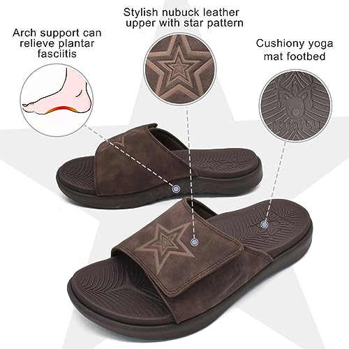 KuaiLu Mens Athletic Slides Wide Adjustable Arch Support Sport Sandals 11.5 Dark Brown