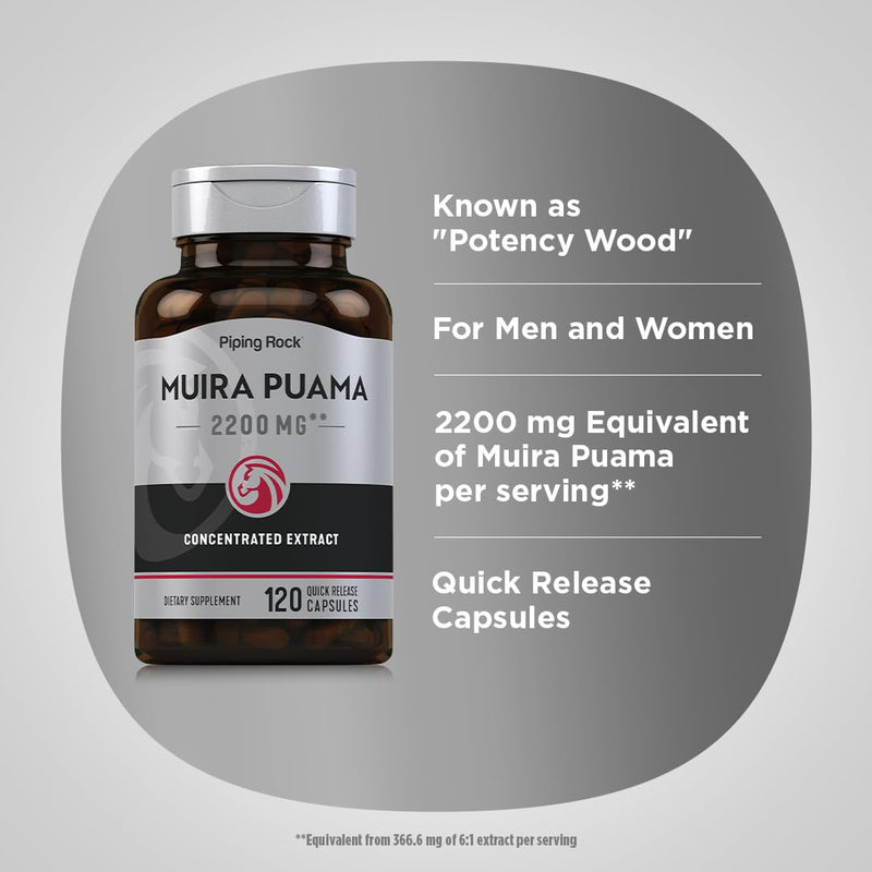 Piping Rock Muira Puama Root Extract 2200 mg | 120 Capsules | for Men & Women | Non GMO, Gluten Free Supplement - BeesActive Australia