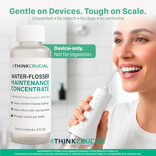 Up to 36 Cleans Think Crucial Water Flosser Cleaner & Descaler Rinse 6oz Super Concentrate - Compatible with All Waterpik Models (WP-660/662, WP-580, WP-560, WP-100) & Philips Sonicare 3000 & More