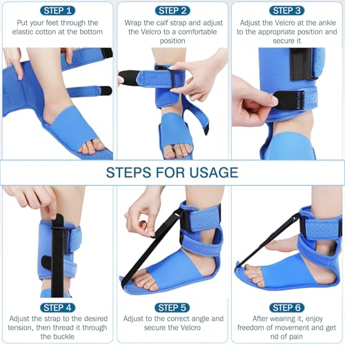 KTSAY Upgrade Plantar Fasciitis Night Splint & Relief Brace with Adjustable Straps - Support for Achilles Tendonitis, Heel Spur Pain, Day & Night Use (1, Blue)