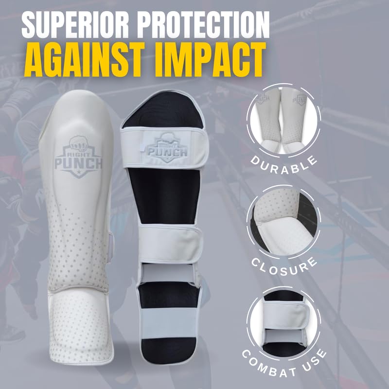 Shin Guards Kickboxing Leg Pads with Instep Protection, Muay Thai MMA Martial Arts Kicking Sparring Training Gear White & Silver Small