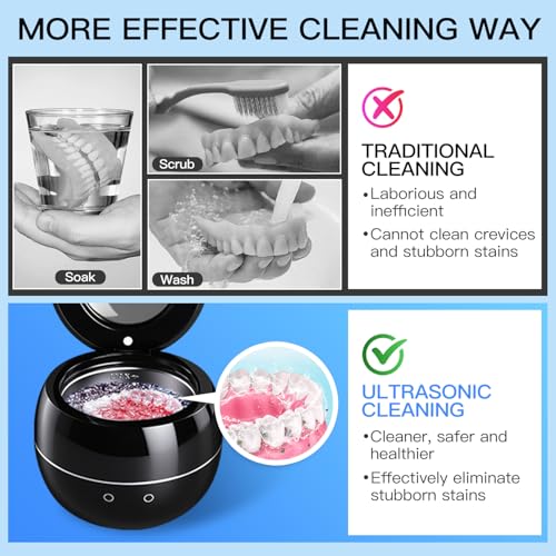 Dental Ultrasonic Retainer Cleaner Machine: 45kHz Dental Cleaning Pod for Denture, Aligner, Mouth Guard, Night Guard, Braces & Jewelry, UV Denture Cleaner with Digital Timer & Dual Mode 250ML Black