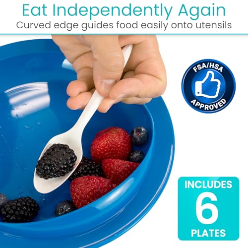 Vive Spill-Proof Scoop Plate, 9" (6 Pack) - Dish with Wall for Disabled, Handicapped, Elderly Adults with Special Needs from Parkinsons, Dementia, Stroke, Tremors with - Non Skid Padded Bottom Blue 1 Count (Pack of 6)
