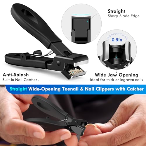 Ingrown Toenail Tools Kit, Wide Jaw Straight Clippers for Thick Nails Black Precision Trim Kit