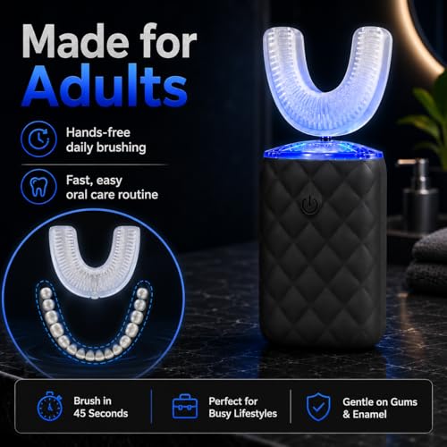 Sonic Automatic U Shaped Electric Toothbrush for Adults - 360° Full Mouth Cleaning, 5 Modes for Whitening & Gum Care, IPX7 Waterproof Rechargeable, Silicone Toothbrush Set Blck
