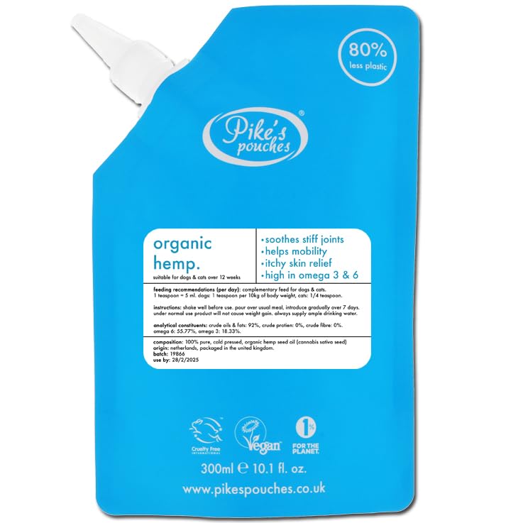 Organic Hemp Seed Oil for Dogs & Cats UK 300ml - More Omega 3,6,9 than Salmon, Cod Liver & Fish Oil | Joint Supplement Ideal for Senior Pets | 100% Pure & Cold Pressed | Pike's Pouches Organic Hemp 300 ml (Pack of 1)