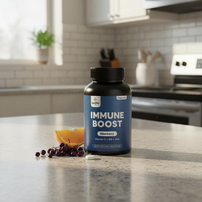 Immune Support Capsules for Adults with Elderberry, Vitamin C, Vitamin D3 & Zinc – Daily Immune Defense Supplement | Zealthy Life | 60 Capsules