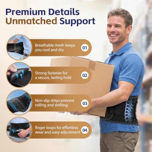 FEATOL Back Brace for Men Lower Back and Women, Removable Dual-Side Spine Lumbar Pad with Snug Fit, Adjustable Support Belt for Work, Gray, Size L 34.5-39" Large