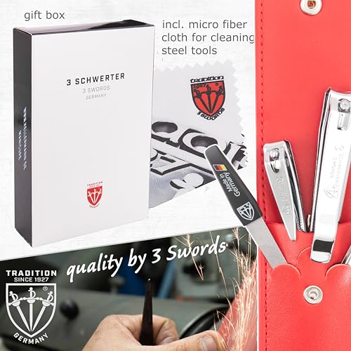 3 Swords Germany - Brand Quality 4 piece Manicure Pedicure Grooming kit Set for Professional Finger & Toe Nail Care Tweezers File Clipper Fashion Leather case in Gift Box, Made by 3 Swords (02570) Red