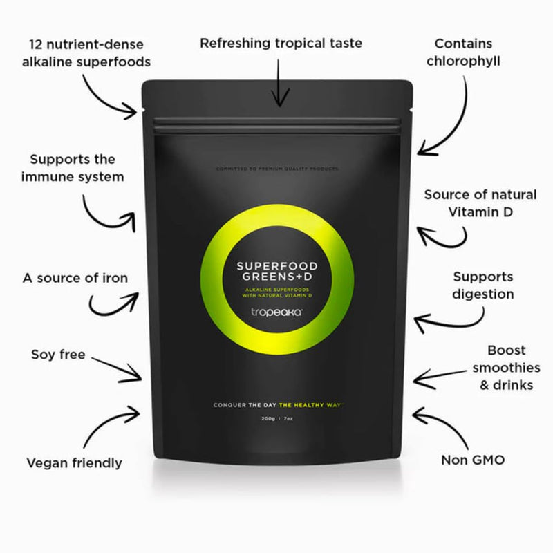 Tropeaka Superfood Greens + D - Antioxidant Green Powder for Energy, Immune System, & Gut Health, Rich in Chlorophyll & Essential Nutrients, Vitamin D, Vegan, Gluten Free, Non-GMO - 7oz (20 Servings)
