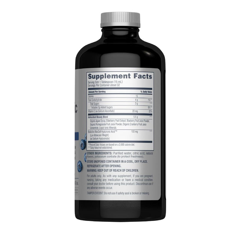 NeoCell Liquid Hyaluronic Acid | 16 fl oz | with Vitamin C | Skin Hydration | Antioxidant Supplement | Blueberry Flavor Hyaluronic Acid + C 16 Fl Oz (Pack of 1)