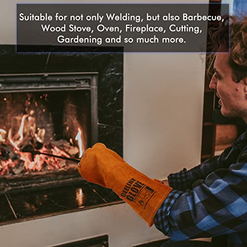 QeeLink Welding Gloves for Men - Fireproof Leather and Stitching Brown (16-inch)