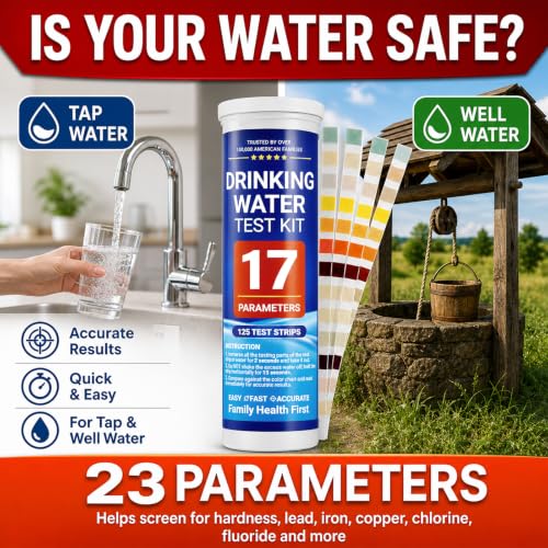 Water Test Kit for Drinking Water, 23-in-1 Water Test Strips for Tap & Well Water, Tests Hardness, Lead, Iron, Copper, Chlorine, Fluoride, pH, Nitrate & More, Fast Home Water Testing, 155 Strips 1
